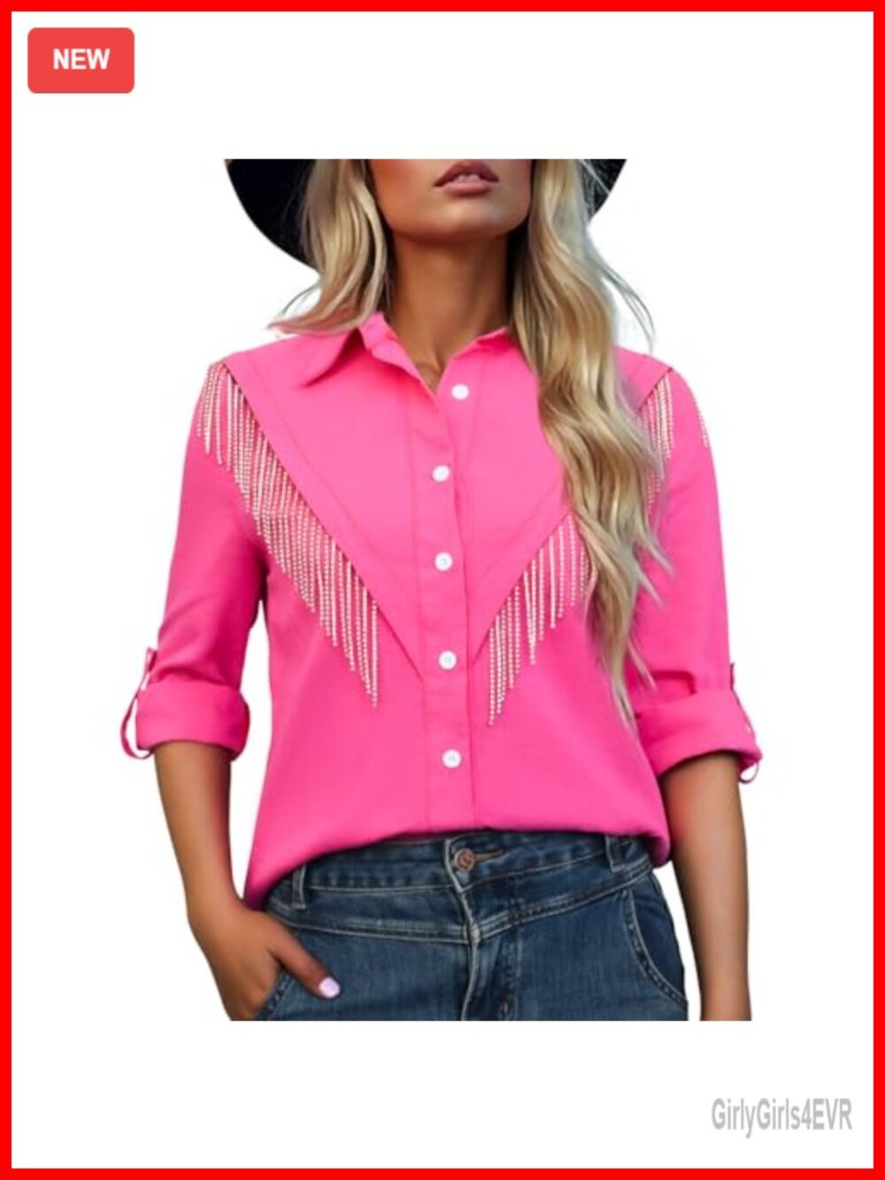 Rhinestone Fringe Button Down Shirt 3/4 Sleeve Sparkly Western Blouse